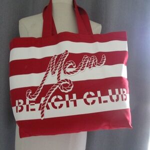GORGEOUS MCM BEACH CLUB BAG TOTE IN CANVAS LOGO AT FRONT RED & BEIGE STRIPED NEW